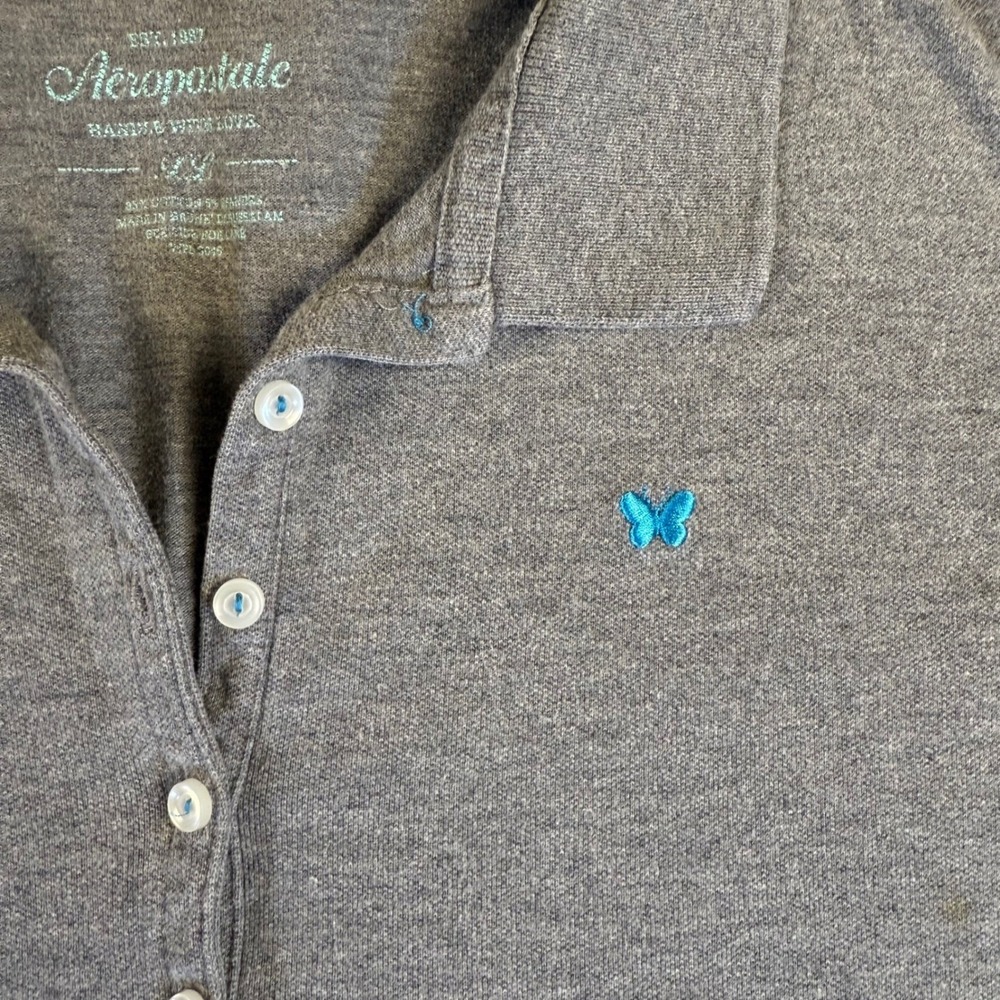 VTG Y2K Aeropostale‎ Womens XL Gray Polo Shirt Butterfly Embroidered Top Casual - Picture 3 of 6